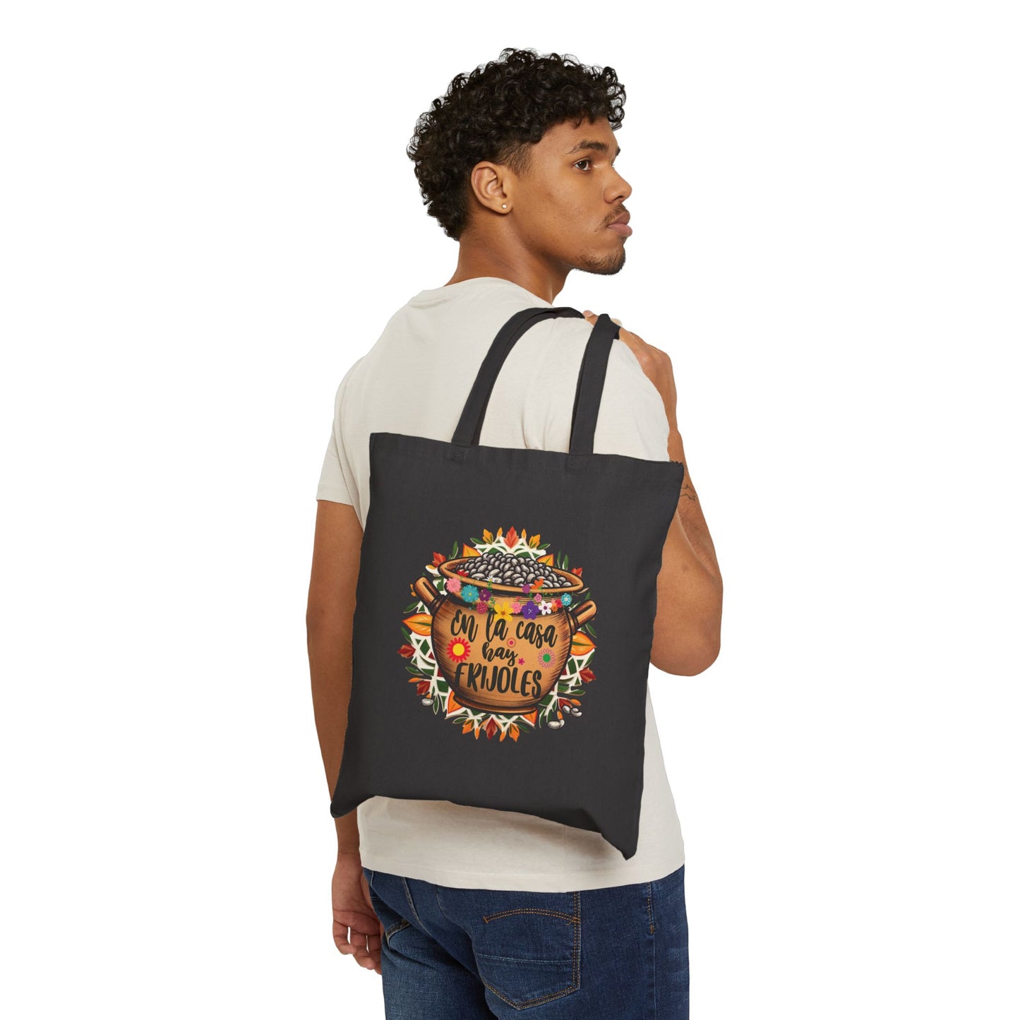 Colorful Cotton Canvas Tote Bag - "En La Casa Hay Frijoles" Design