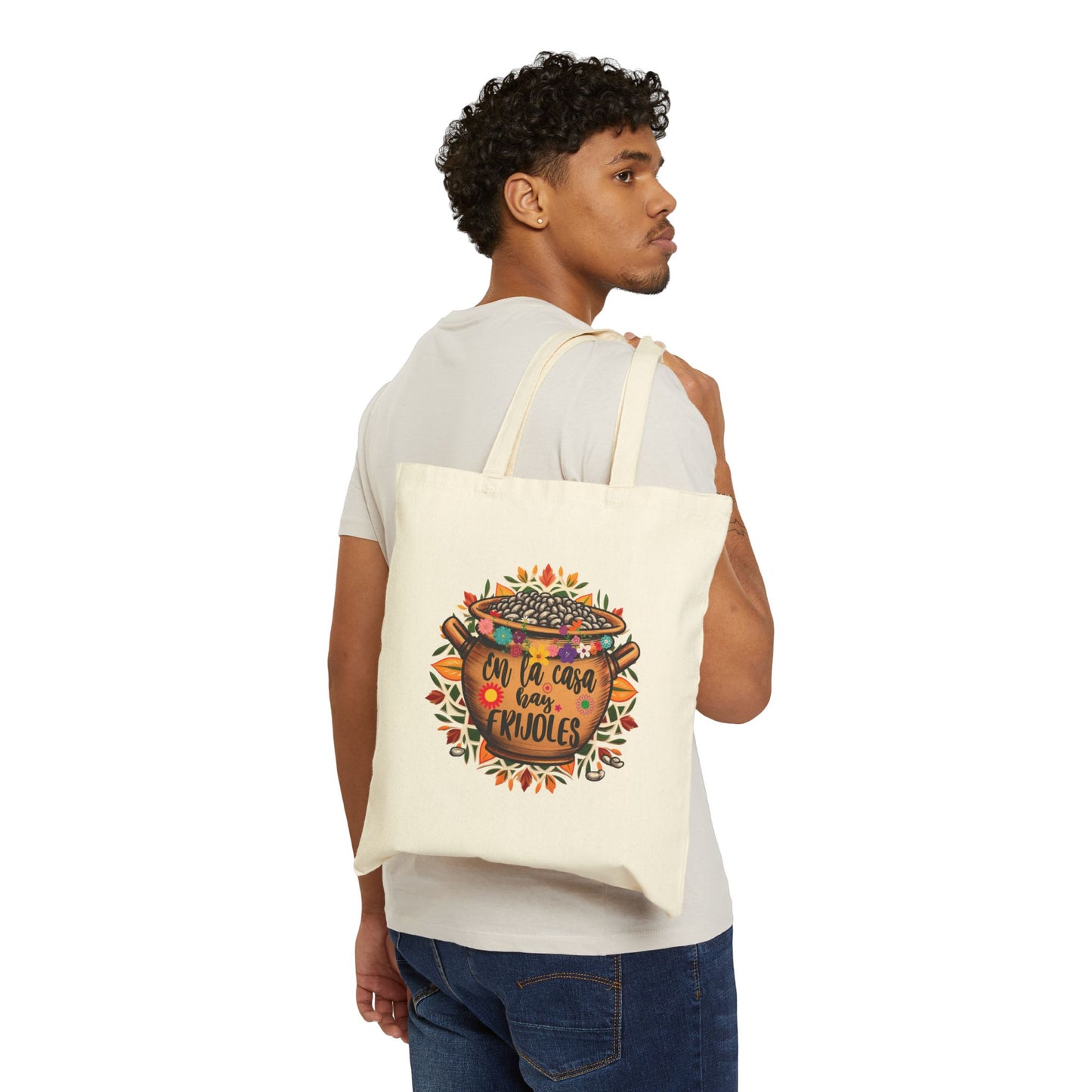 Colorful Cotton Canvas Tote Bag - "En La Casa Hay Frijoles" Design